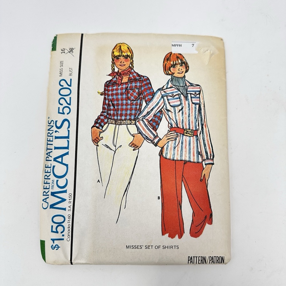 Vintage McCall's Sewing Pattern 5202 Women's Shirts Size 16 1970's